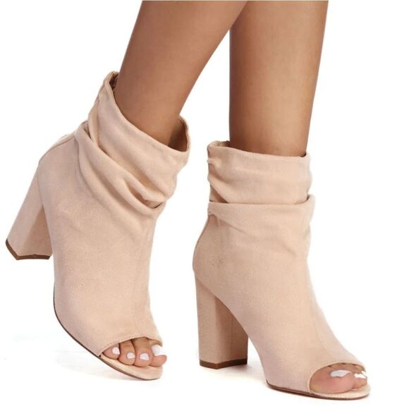 CHINESE LAUNDRY PEEP TOE ANKLE BOOTS SCRUNCH BLOCK HEEL SUEDE SHOE - Picture 1 of 16